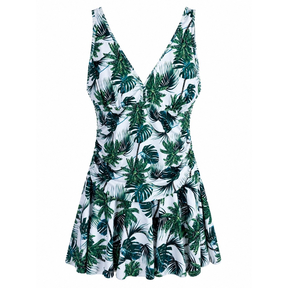 COCOPEAR Women's Tropical Palm Leaf Swim Dress Green White One Piece Size 3XL